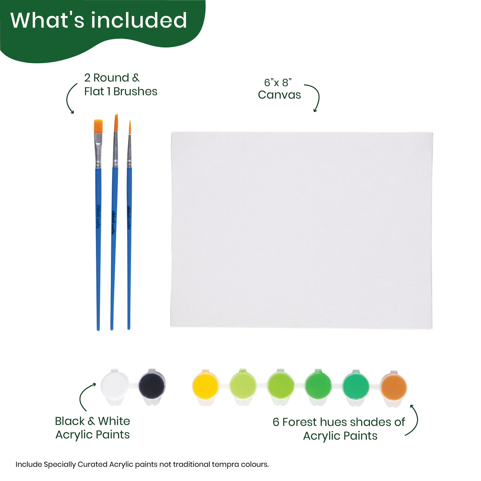 Art supplies set with brushes, canvas, and acrylic paints which are forest-inspired