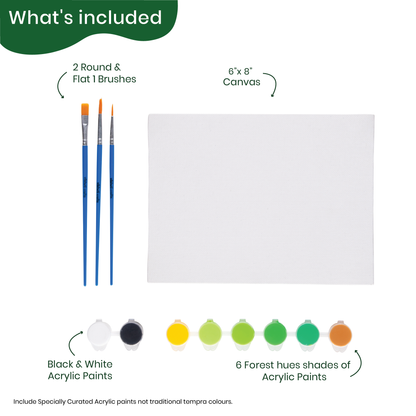 Art supplies set with brushes, canvas, and acrylic paints which are forest-inspired