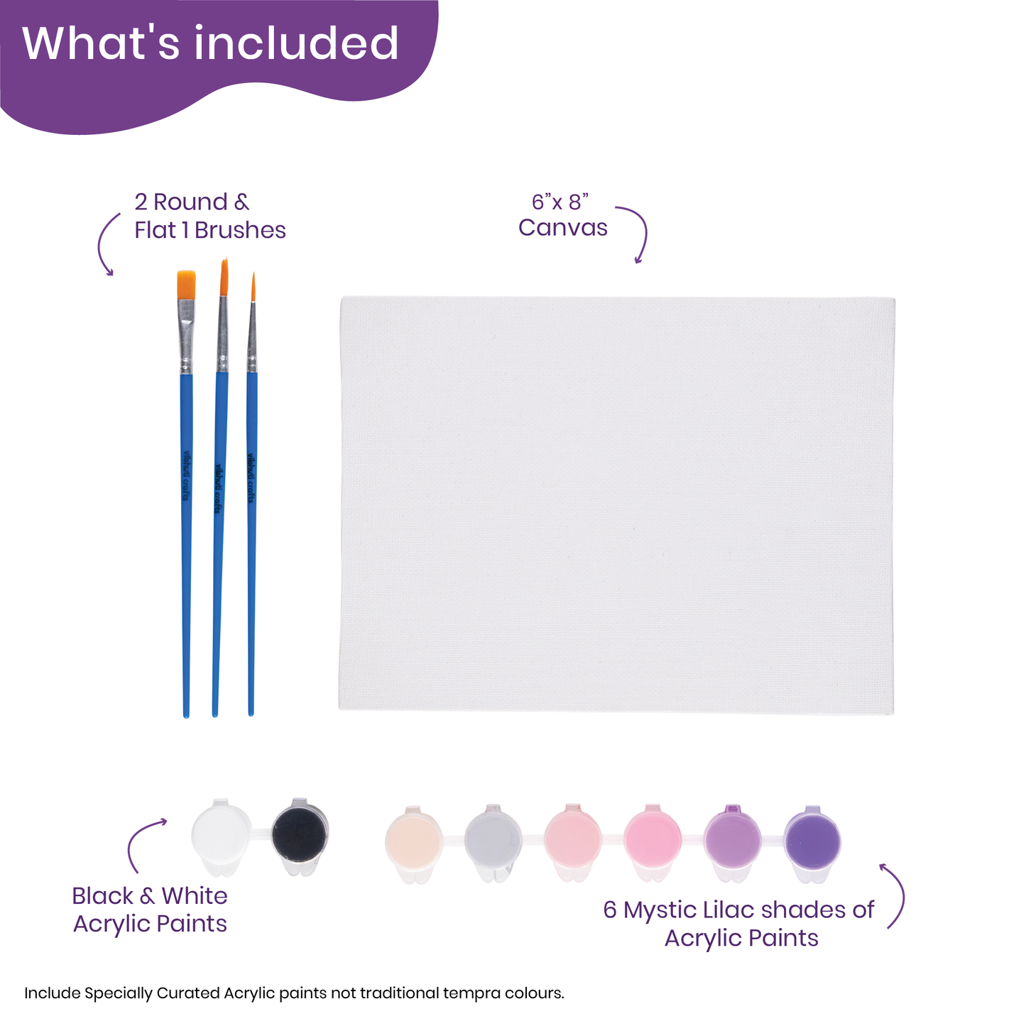 mystic lilac painting kit with 3 brushes, 6*8" canvas and special shades of lavender
