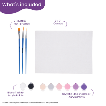 mystic lilac painting kit with 3 brushes, 6*8" canvas and special shades of lavender
